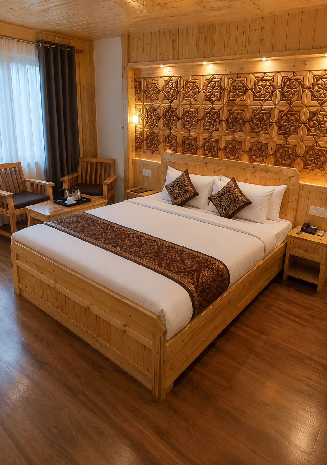 Luxury cedar room with hand-carved headboard